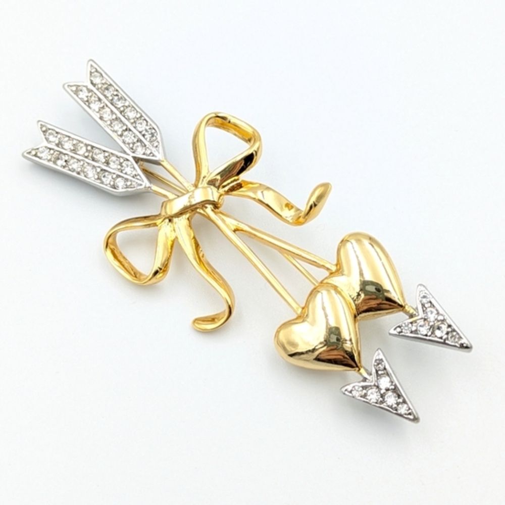 Vintage Joan Rivers Brooch Pin Gold Tone Clear Rhinestone Cupid Arrows Heart